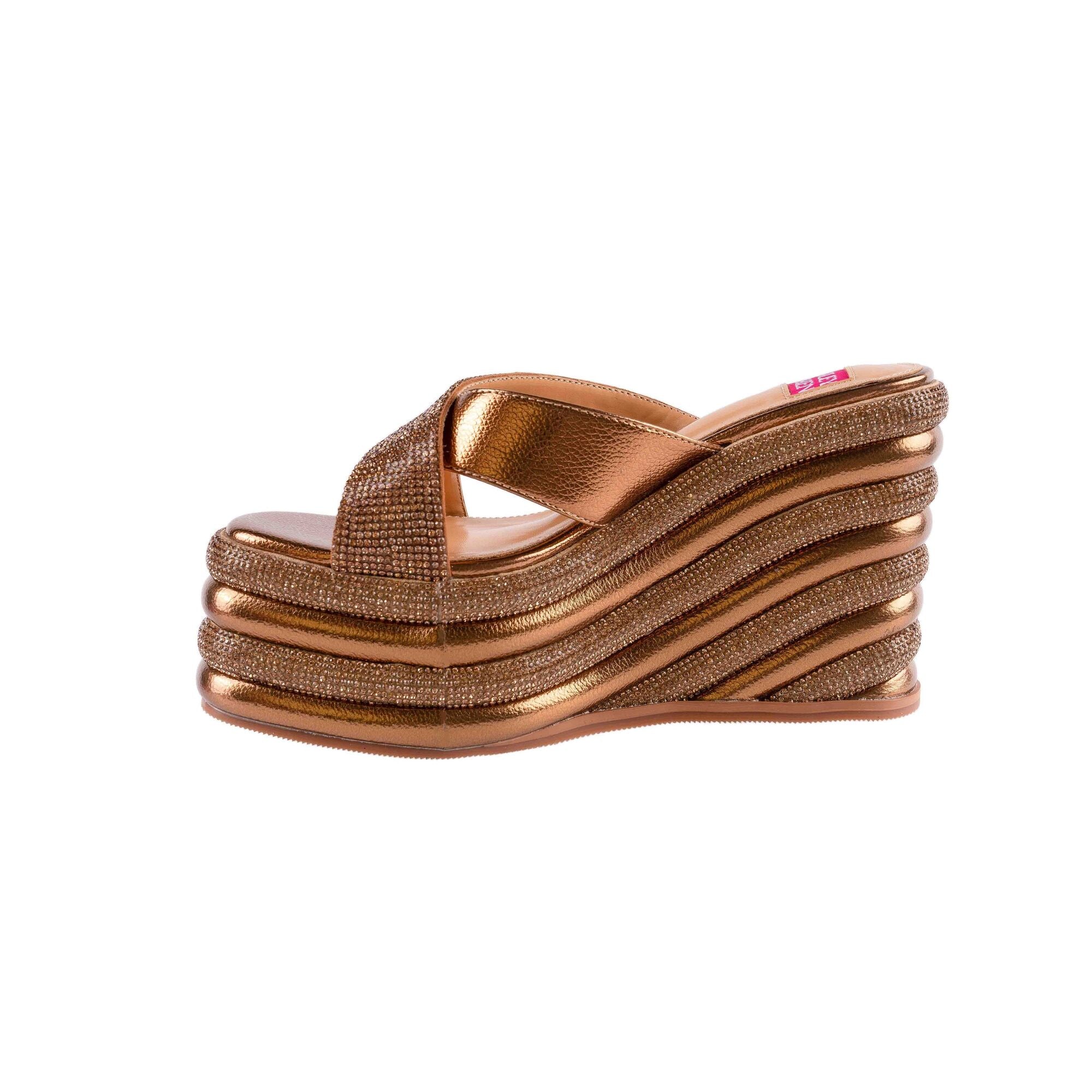 Jimmy Choo Metallic Bronze Leather Prima Cork Wedge Slides Sandals